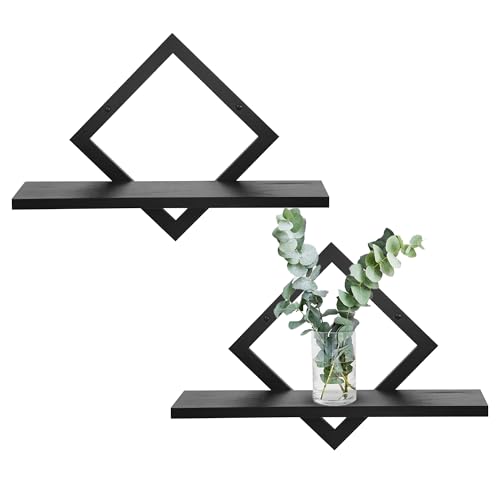 PHOENANCEE Oak Frame, Floating Shelves for Wall, Diamond-shaped Display Storage Shelf, Hanging Rustic for Living Room, Bedroom, Set of 2, Black