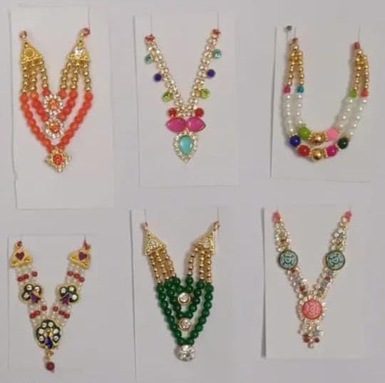 Image of Small Size 1,2,3, laddu Gopal Accessories Set of 6 moti & Diamond mala /haar for All god Idol laddu Gopal /Krishna ji radharani, fastival mala Set