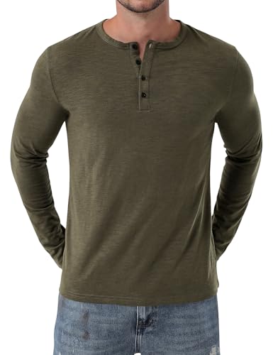 Image of PARKLEES Men's Henley Shirt Casual Muscle Slim-Fit Workout Athletic Long-Sleeve T-Shirts Army Green Small