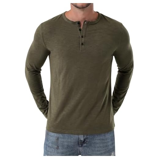 PARKLEES Chemise Henley pour homme, décontractée, coupe ajustée, pour le muscle, manches longues, T-shirts d'entraînement athlétiques, vert militaire, L