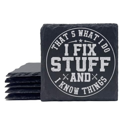 2-Piece That's What I Do I Fix Stuff And I Know Things, Funny Dad, Father's Day Personalized Custom Engraving Coasters for Drinks Engraved Slate, Handmade Coasters