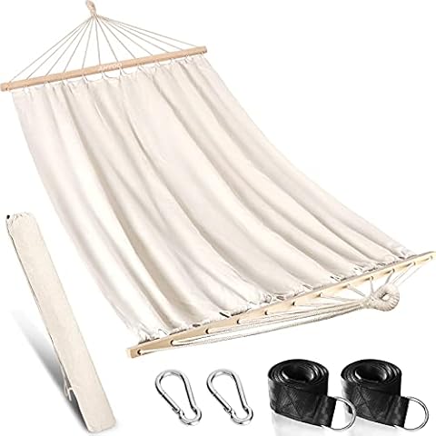 Anyoo Outdoor Garden Hammock with 120CM Wooden Spread Bars, Large Cotton Hammock with Portable Carry Bag and Hanging Straps, Perfect for Patio Yard Beach Camping Cover