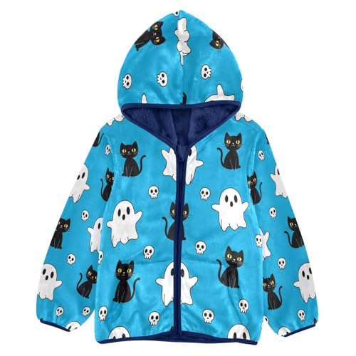 Halloween Ghosts Cats Skulls Toddler Fleece Jacket Girl Boys Hooded Fleece Jacket Coat Warm Outwear Zip-up 3-10T