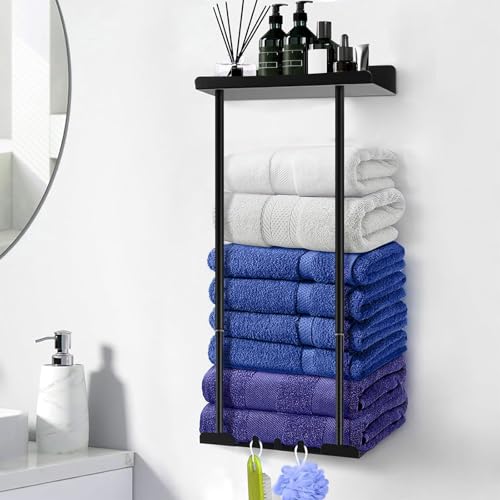 Handtuchhalter Ohne Bohren – Ausziehbares Handtuchregal 38–75 cm mit Haken Stabile Selbstklebend mit Ablage & Haken Gästehandtuchhalter Wandmontage Handtuchhalter Schwarz für Badezimmer & Gäste-WC (A)