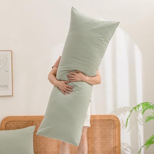 BESTOUCH Washed Cotton Pillowcases Linen Feel Sage Green Body by BESTOUCH - Used condition - Image 5