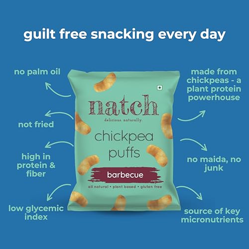 Image of Natch Chickpea Protein Puffs, Healthy Snacks, Rich in Fiber, Not Fried Not Baked Gluten Free, Vegan, Trans Fat Free, Barbecue, 20g each (Pack of 12)