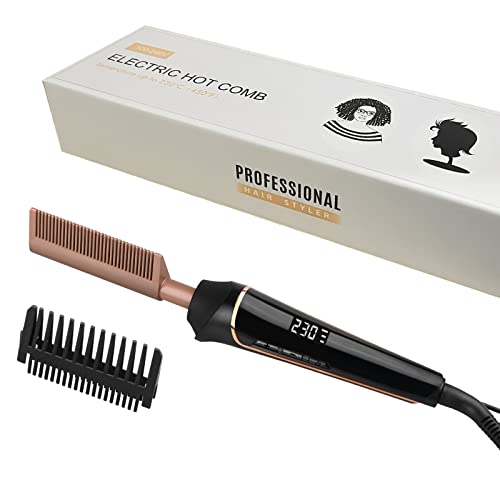 Hot Comb for Wigs, Afro Hair,230℃ Electric Heat Pressing Comb,Hot Comb Straightener,80-230℃ Adjustable Temperature, LCD Display with Anti-Scald Hood and Gloves