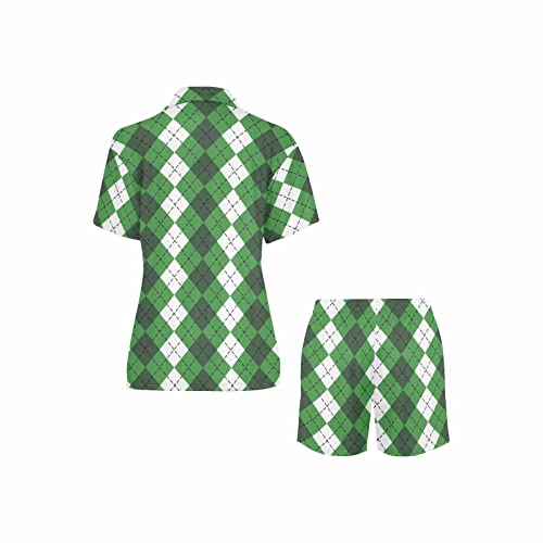 Interestprint Women Pajama Set, St. Patricks Day Argyle Plaid Button Down Shirt Loose Comfortable V Neck Night-Gown V Neck Loungewear Pajama Loungewear S #TOP3