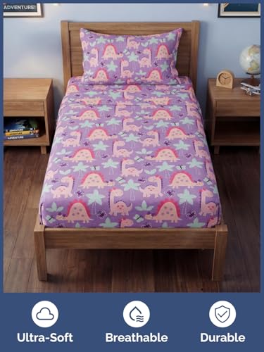 Image of Kids Twin Size Pink Dinos Bed Sheets - 3 Piece Kids Pink Dinos Sheet Set | Pink Dinos Themed Bedding, Ultra-Soft, Cute & Cozy, Breathable & Machine Washable, Bed Set for Boys, Girls & Teens & Cooling