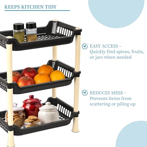 Image of Kuber Industries Plastic Shelf Rack for Storage | Multipurpose Three Layer Storage Organizer Rack for Household, Office, Bedroom, Kitchen, Living Room - Brown
