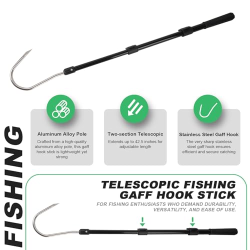 Smarkey Fishing Gaff Spear Hook Stick with Stainless Gig Hook, Telescopic Aluminium Alloy Pole for Saltwater, Offshore Freshwater Ice Fishing Tool-44inch