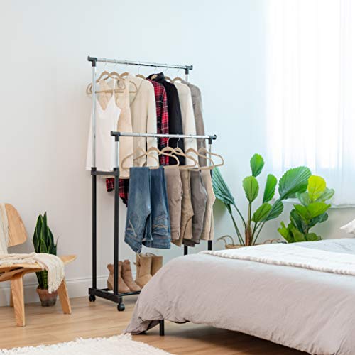 image for IRIS USA Portable Double-Rod Height Adjustable Clothes Rack with Locka