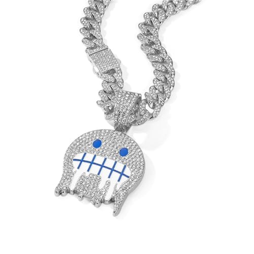 Xikui Rhinestone Necklace Chain 18K Gold Plated Hip Hop Pendant with Cuban Link Width 13MM Length 19.7in(50cm) Ice Out Jewelry Gifts (silver-plated cold)