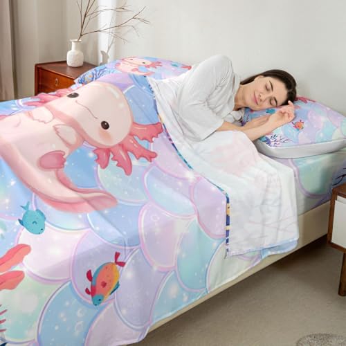 Image of jejeloiu Cute Axolotl Bed Sheets Set Full Size Kawaii Ocean Sealife Bed Set for Kids Boys Girls Cartoon Salamander Deep Pocket Fitted Sheet Reptile Animal Breathable Soft Lightweight Microfiber
