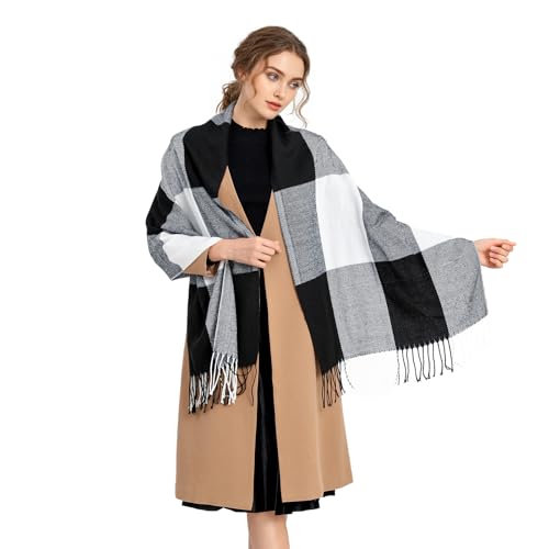 Miss Lulu Bufanda Mujer Invierno Caliente Mantas Cozy Pashmina Chal Grande Larga Tartán Enrejado Mantón (Negro)