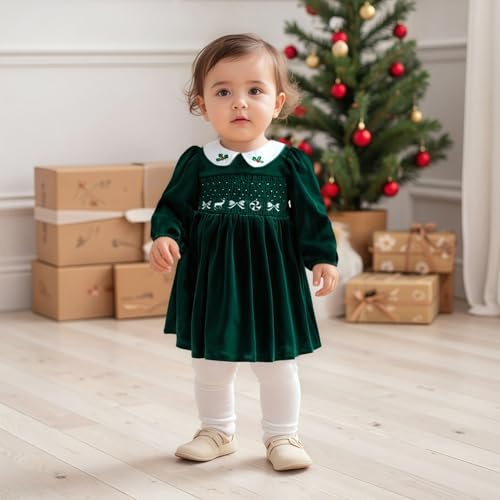 Kids Baby Girls Velvet Christmas Dress Reindeer Bow Embroidered Smocked Dresses Long Sleeve Doll Collar Dress3