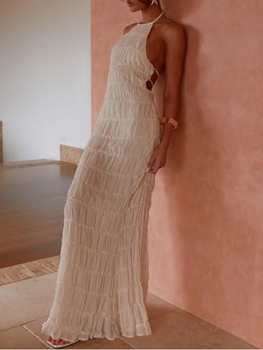 Image of Women Y2k Backless Long Dress Halter Tie Neck Maxi Dress Flowy Beach Sundress Summer Streetwear