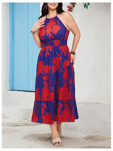 Image of Floerns Women's Plus Size Boho Sleeveless Halter Neck Tie Back A Line Long Dress