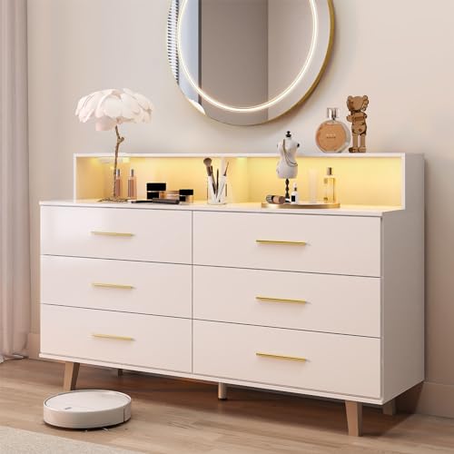 UNIQUITE 6 Drawers Dresser with LED Light and Power Outlet Wood White Dressers for Bedroom & Chests of Drawers Large Double Dressers for Bedroom Entryway Hallway