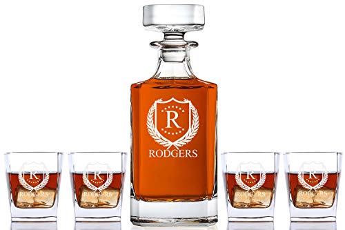 Personalized 5 pc Whiskey Decanter Set - Decanter and 4 Glasses Gift Set - Custom Engraved | ShieldStar Design