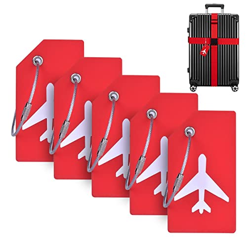 ELECDON Silicone Luggage Tag With Name ID Card Quickly Spot Luggage Suitcase Anti-lost Tag ELECDON Personality Tag 5 Pack Luggage Tags Bag Tag Stainless Steel Loop (Red)