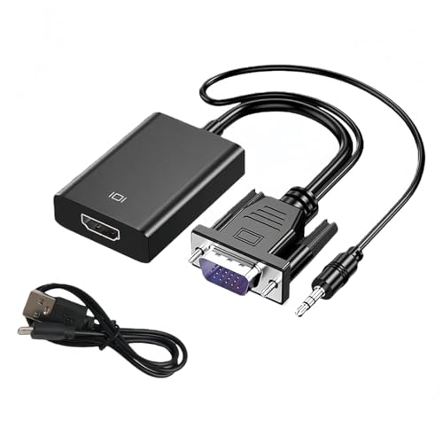 Gurtt Adaptador VGA a HDMI con conector de audio de 3,5 mm y alimentación USB, convertidor VGA macho a HDMI hembra 1080p para ordenador, portátil, monitor, HDTV y proyector.