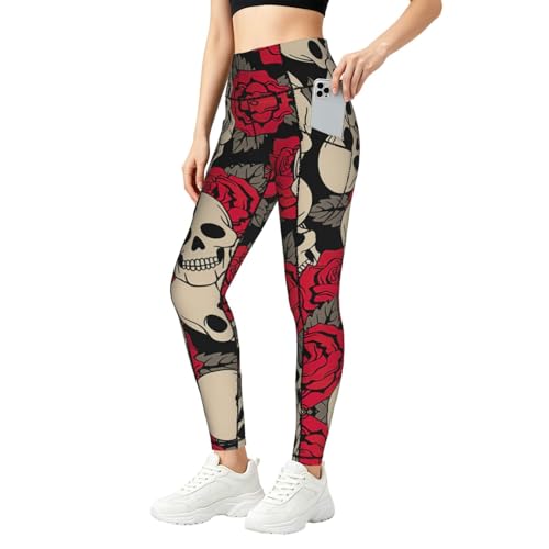 Leggings de calavera negra y rosas con bolsillos que no se bajan al entrenar