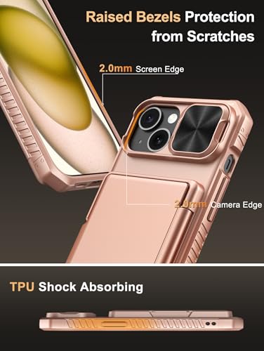 Image of Vihibii for iPhone 15, iPhone 14, iPhone 13 Back Cover Wallet with Card Holder (4 Cards) [RFID Blocking] & Slide Camera Cover & Raised Edges Protect Screen, Shockproof Rugged Case, 6.1 inch, Rose Gold