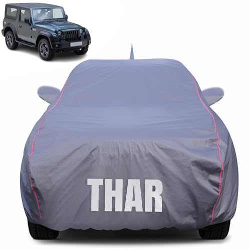 Image of 100% Waterproof Car Body Cover for Mahindra Thar with Mirror Pocket (Heat & UV Resistant, Triple Stitched, Soft Lining, Bottom Elastic & Piping) Grey