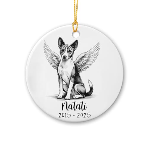 Basenji Dog with Angel Wings Christmas Ornament, Basenji Dog Remembrance Ornament, Personalized Pet Memorial Xmas Tree Hanging Ornament, Dog Memorial Ceramic Ornament, Custom Dog Name & Year