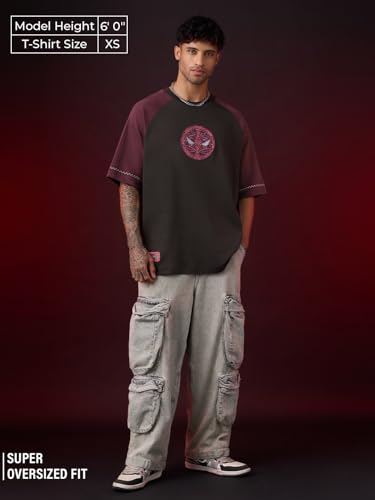 Image of The Souled Store Marvel Indie: Logo Men and Boys Short Sleeves Round Neck Embroidered Drop Shoulder Baggy Casual Streetwear Superheroes Inspired Cotton Super Oversized T-Shirt