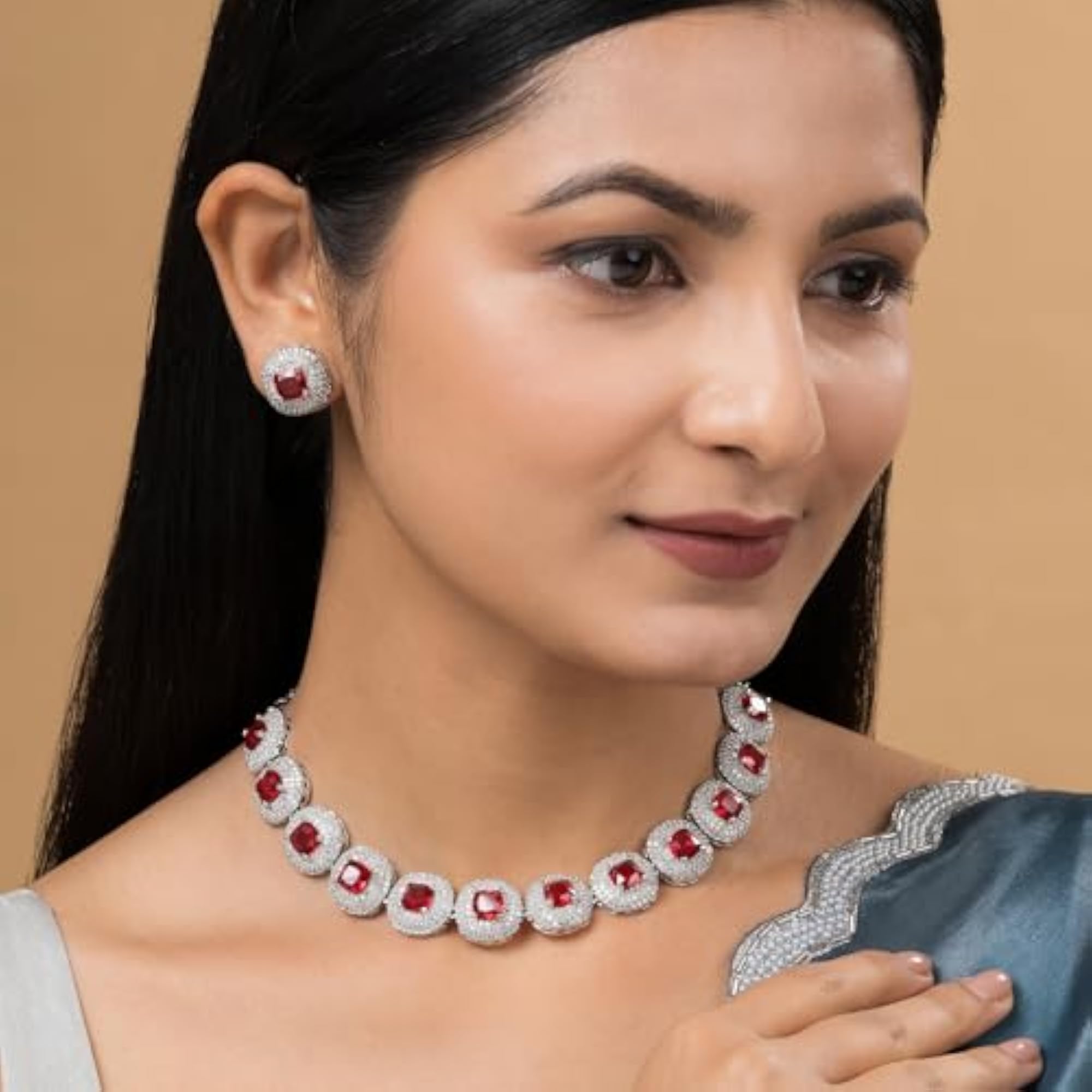 Celeste Silver Red Stone Necklace Set