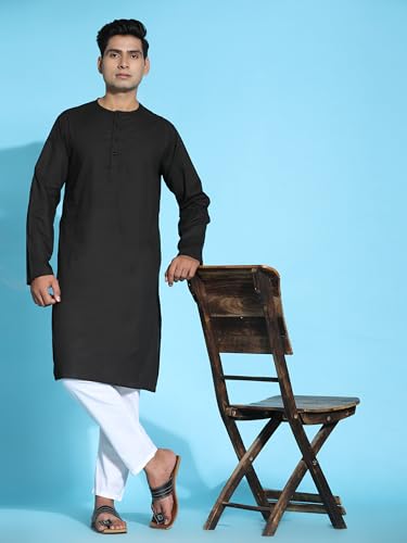 Image of Amazon Brand - Anarva Men's Cotton Solid Round Neck Kurta Long Sleeves Straight Knee Length Casual Shirt