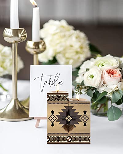 Southwestern America Candle Holders Set, Wooden Tealight Candle Holder Gifts For Women, Brown Tribal Geometric Ethnic Vintage Candlesticks Holder Decor For Wedding Dinning Party #TOP3