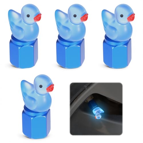 Cute Duck Tire Valve Caps, 4 Pcs Glow in The Dark Tire Valve Caps, Interesting Car Tires Valves Stem Cap Funny Car Accessories Decor Universal for Cars Bike Motorcycles SUV Trucks (Blue)