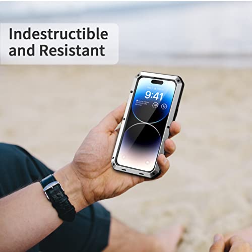Lanhiem Iphone 14 Pro Max Metal Case, Heavy Duty Shockproof [Tough Armour] Rugged Case With Built-In Screen Protector, 360 Full Body Dustproof Protective Cover For Iphone 14 Pro Max 6.7 Inch, Silver #TOP6