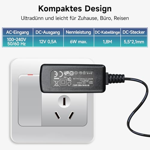 12 V 0,5 A 1,8 m Netzteiladapter, AC/DC-Schaltadapter (Eingang 100 – 240 V, Ausgang 12 Volt 0,5 A), Transformatorstecker zur Wandmontage mit 8 austauschbaren Buchsen, CE-gelistet