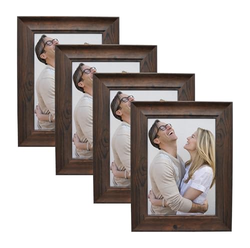 Alkerman 4x6 Picture Frames Rustic Distressed Brown Wood Pattern High Definition Glass for Table Top Display and Wall Mounting Photo Frame，Pack of 4