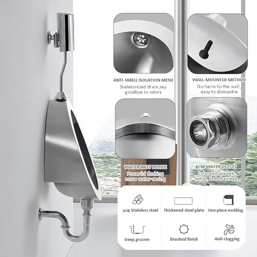 Orinal comercial para hombres, de acero inoxidable 304, montado en pared, con entrada superior, para baños públicos, alta eficiencia, para baño, garaje o bar (32 x 29 x 45 cm) miniatura 4