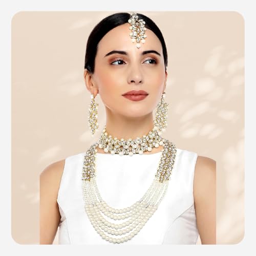 Aheli Wedding Party Wear Bridal Jewellery Choker Long Pearl Necklace Earrings Maang Tikka Indian Traditional Set Gift for Women2
