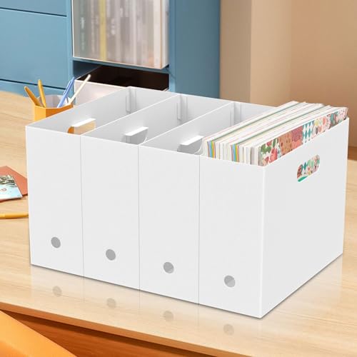 4Pcs Scrapbook Paper Storage Organizer Magazine File Holder Document Organizer with Handle Multipurpose Plastic Scrapbook Holder Bin for Documents Books Journals Scrapbooks 32x11x24.5cm(White)