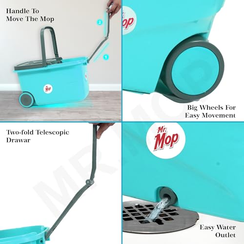 Image of Mr.Mop 360 Degree Square Spin Bucket Mop for Floor Cleaning with Rod Stick and 2 Microfiber Refill | Magic Pocha Set (Aqua Green (Plastic Jali))