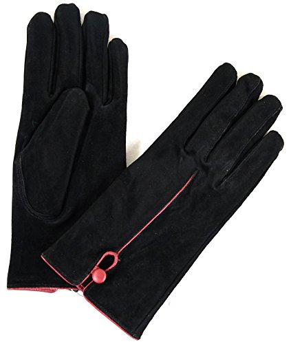 Ladies Suede Gloves with Fleece Lining and Button Design - Black - Medium (7