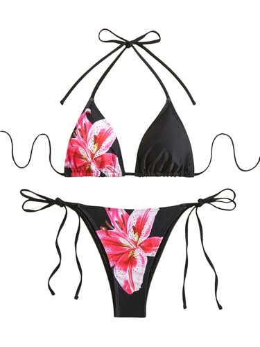 SEGT Women's 2 Piece Floral Print Halter Neck Tie Bikini Set Triangle String Thong Swimsuit Summer Bathing Suits for Women Black S