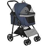 PawHut 2-in-1 Hundebuggy Transporttasche Katzenbuggy mit Universal Rad abnehmbar Abdeckung Oxford Dunkelblau+Schwarz 77,5 x 51 x 99,5 cm