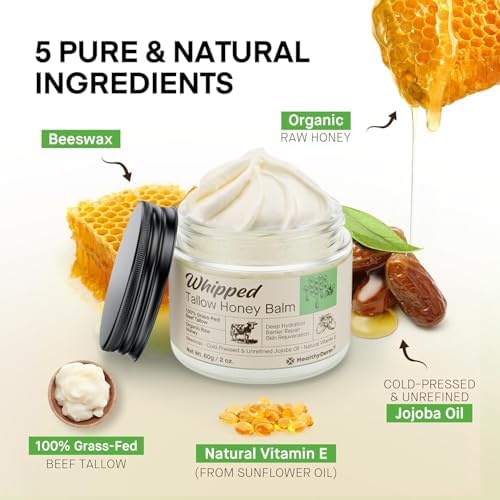Whipped Beef Tallow Honey Balm – Moisturizer with 100% Grass-Fed Tallow, Raw Honey & Jojoba Oil for Mature, Dry Skin, Face & Body, 2 oz