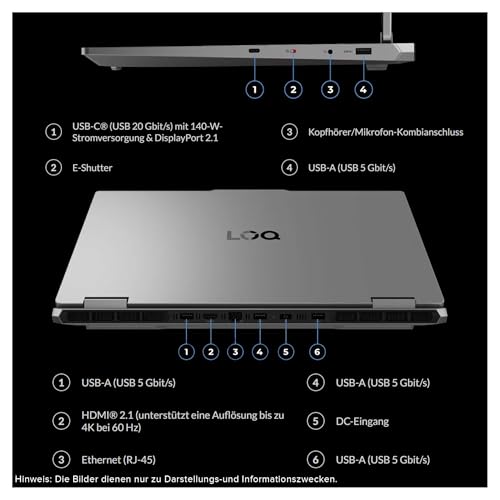 LOQ Gaming AI Laptop, Intel Core i7-14700HX, 16 GB DDR5 RAM, 2 TB PCIe SSD, display Full HD da 17,3", Nvidia GeForce RTX 5070, tastiera RGB Backlit QWERTZ a 24 zone, Windows 11 Home, Luna Grey - Notebook - Immagine 7