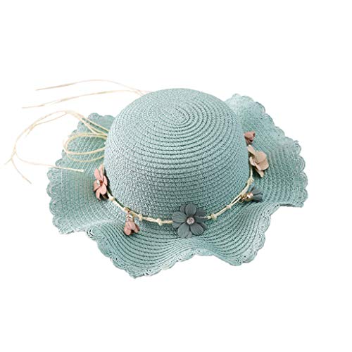 Summer Straw Sun Hat for Baby Kids Girls Flowers Wide Brim Beach Hat Sun Protection UPF 50+ Traveling Sunhats Mint Green