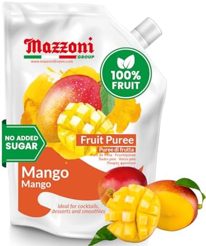 Mango Puree, 100% Pure Mango, Just Fruit, No Sugar Added, Real Fruit for Smoothies, Drinks, Cocktails, Fruit Juice, Mango Lassi, Pulp- 2.2 lb Convenient Pouch, Mazzoni, Made in Italy