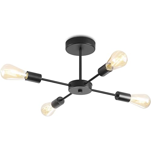 ANWIO 4 Lights Sputnik Chandelier, Semi Flush Mount Ceiling Light Fixture, Mid Century Vintage Industrial Modern Pendant Lights for Bedroom Dining Room Kitchen Living Room Farmhouse, Black